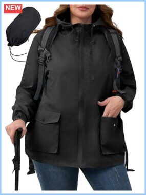 Plus Size Womens Rain Jacket Hooded Packable Lightweight Waterproof Windbreaker